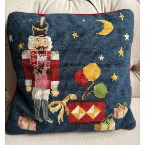 Vintage Needlepoint Pillow Toy Soldier Christmas Nutcracker Wool Velvet 12x12”